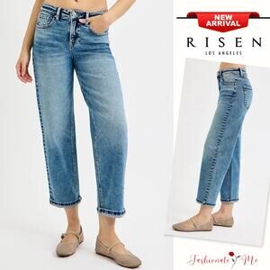 RISEN High Rise Waist Zipper Fly Medium Blue Wash Cropped Boyfriend Denim Jeans